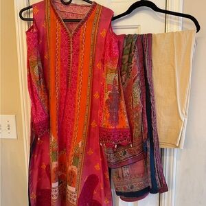 Vibrant Pink and Orange Maria.B lawn 3 piece Pakistani dress Size medium
